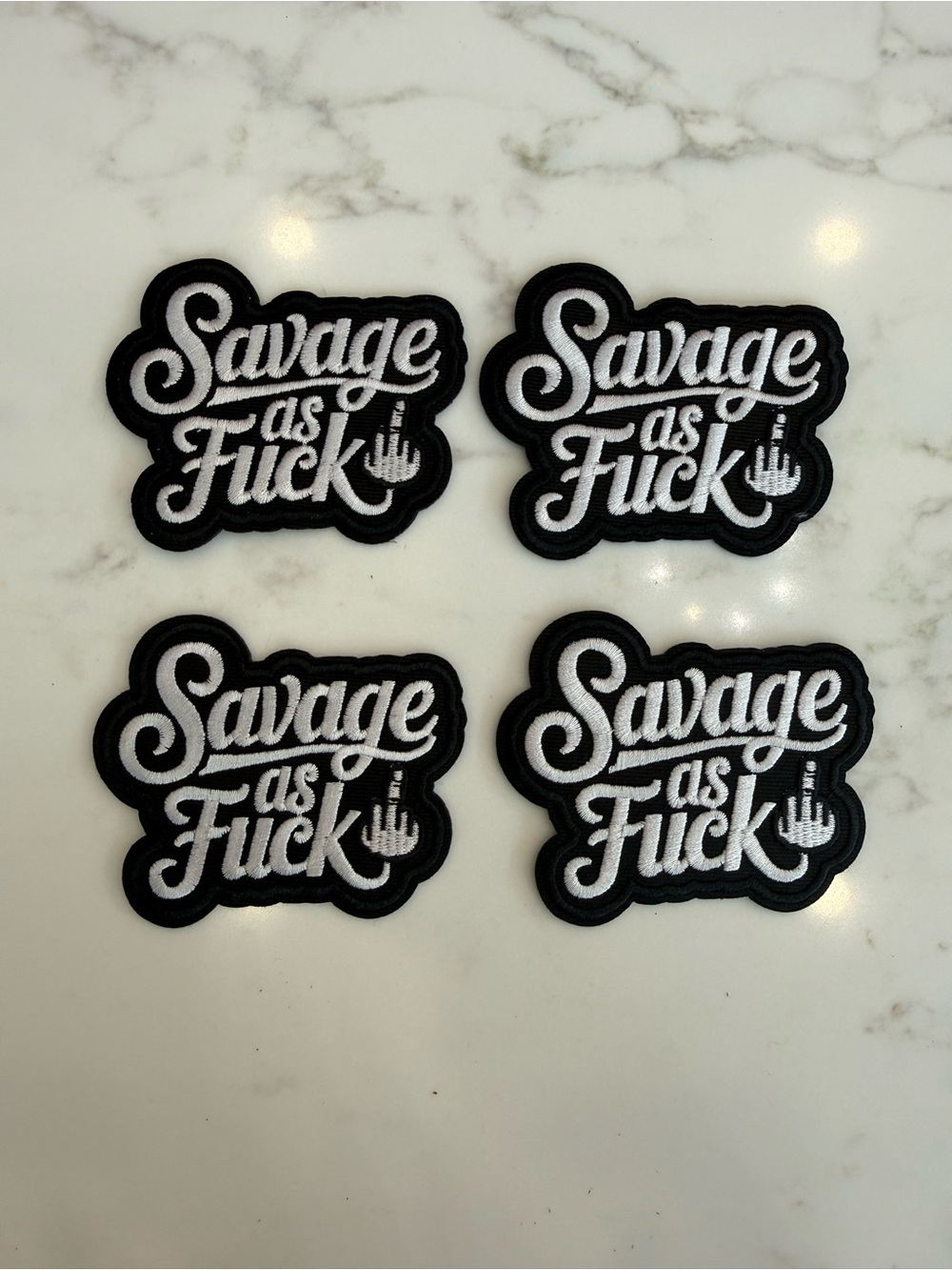 Hand Crafted Black & White 'Savage as F***' Embroidered Iron On Patch Set